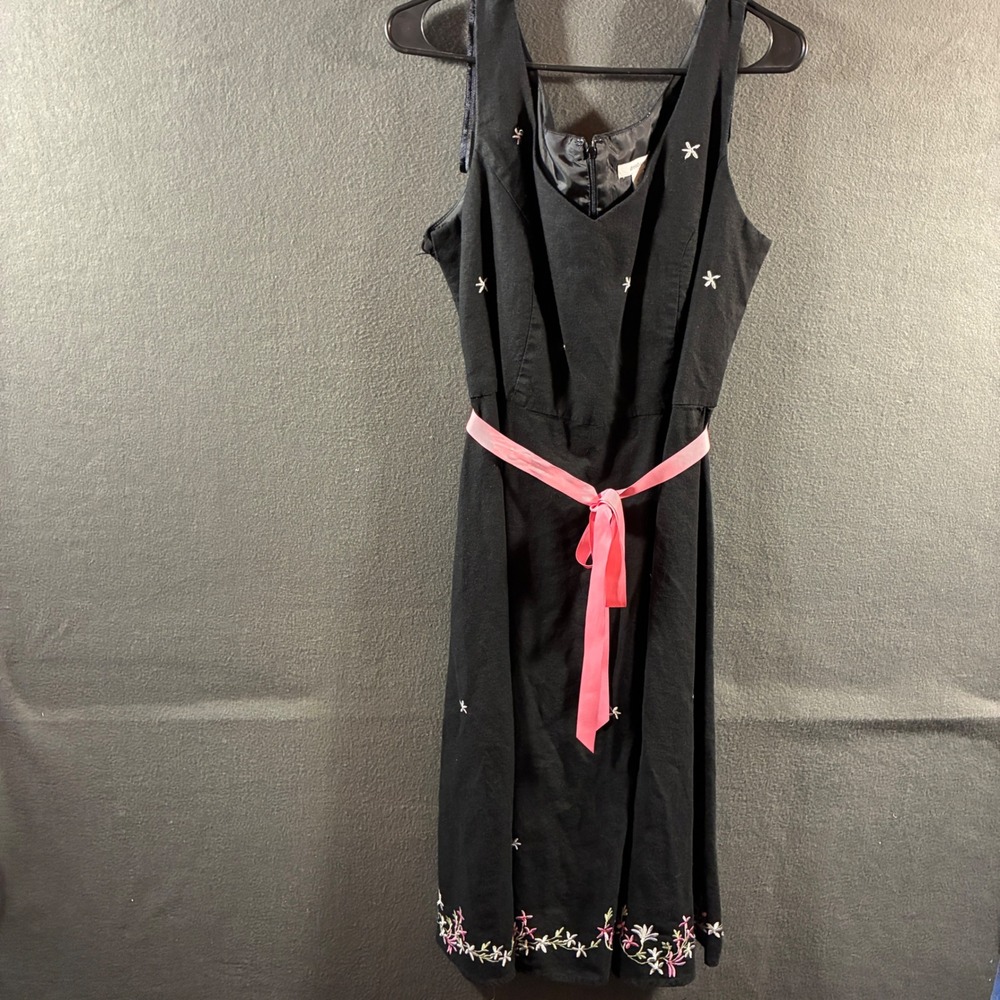 women linen Dress 12 black Floral Embroidered Midi Pink coastal beach cottage
